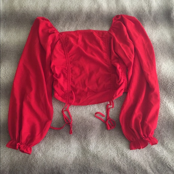 SHEIN Ruched Drawstring Front Ruffle Cuff Crop Top - Picture 1 of 2